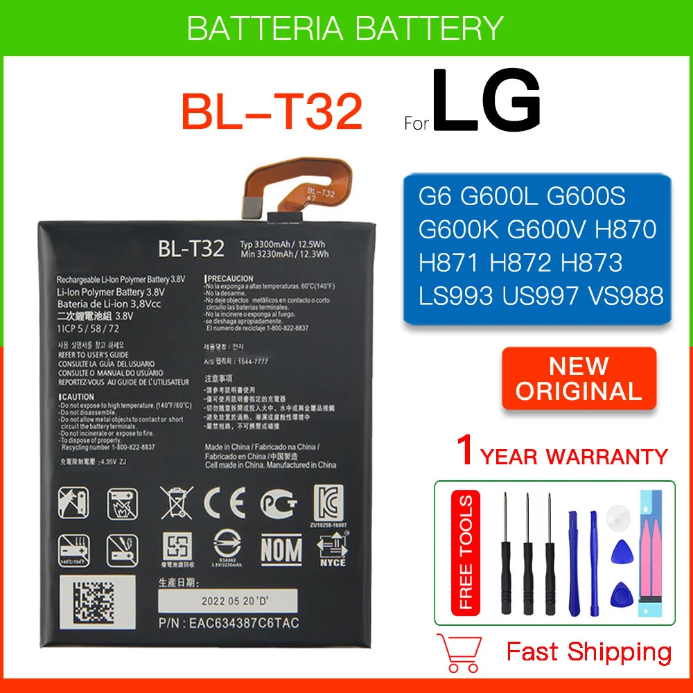 

Original Replacement Battery 3300mAh BL-T32 For LG G6 G600L G600S H870 H871 H872 H873 LS993 US997 VS988 Batteria+Free Tools