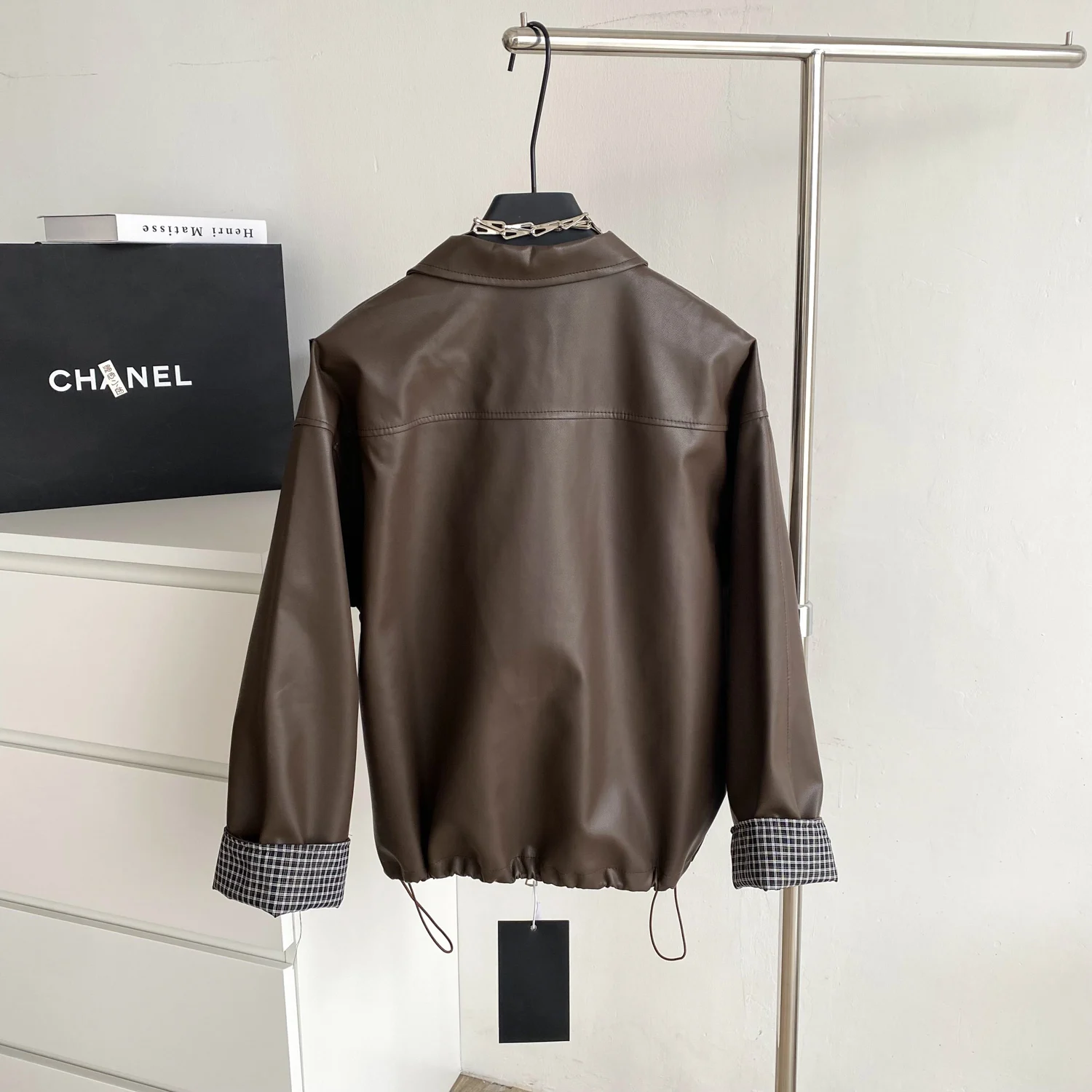 Retro Plaid Splicing Leather Jacket Women's Autumn Winter Turn Down Collar Loose Zipper PU Coats Drawstring Motorcycle Outerwear