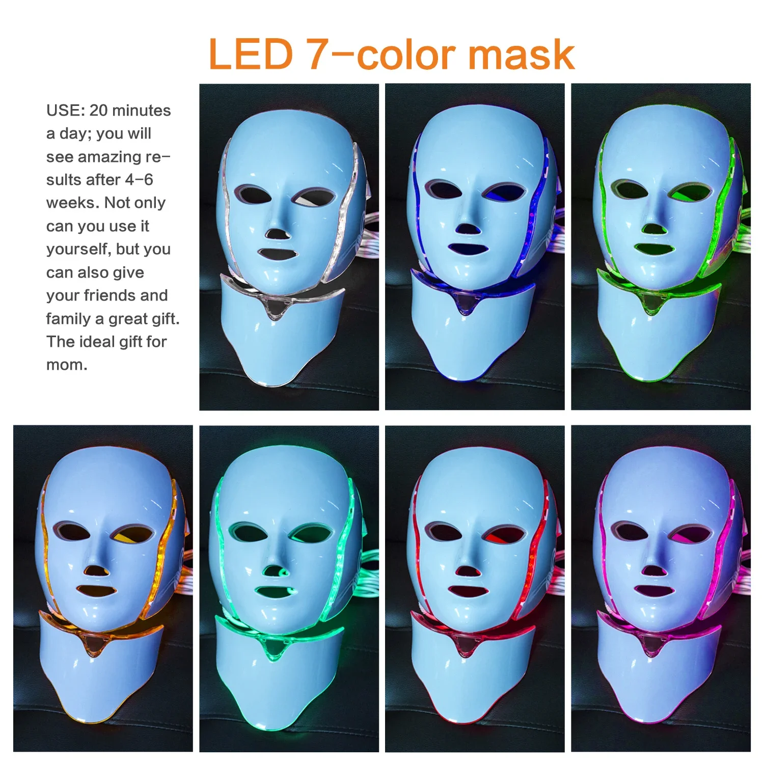 7 cores lumineux LED photothérapie de soin de la peau anti-acne máquina visage cou beauté LED masque