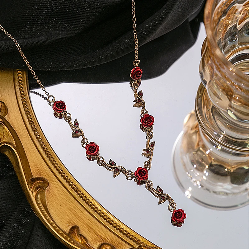 Luxurious Vintage Elegant Rose Flower Necklace Bracelet Earrings Set Women\'s Party Jewelry Accessories Valentine\'s Day Gift