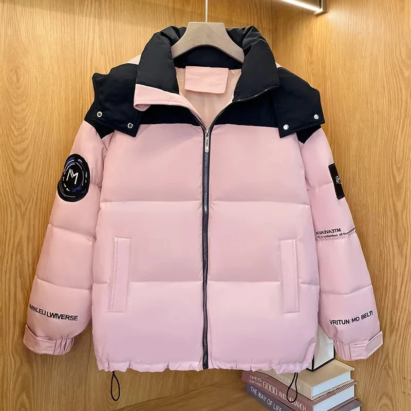 New Winter Down Cotton Jackets For Women Loose Streetwear Fashion Contrast Hooded Warm Parkas Pocket Tooling Jacket Coats