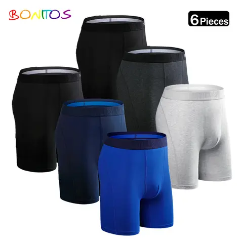 6pcs Cotton Long Men Underpants BONITOS Solid Color Man Underwear Boxer New Long Leg Men's Panties Sports Boxer Shorts