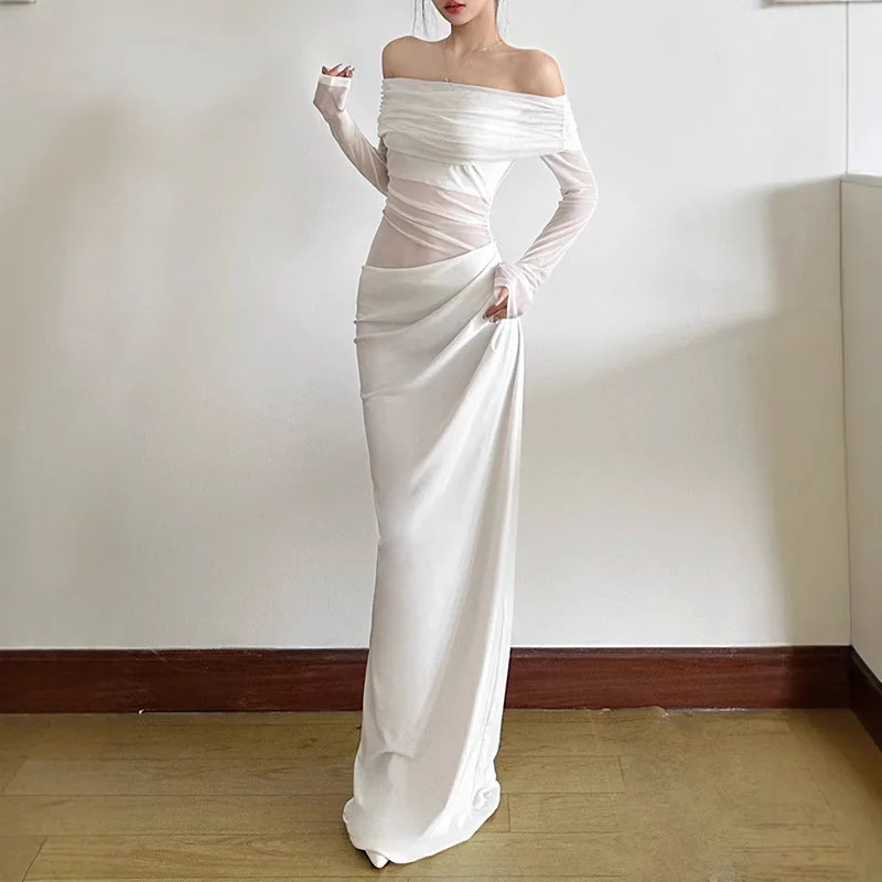 2025 Sommer Neue Damen Stil Sexy One Shoulder Mesh Transparent Langes Kleid