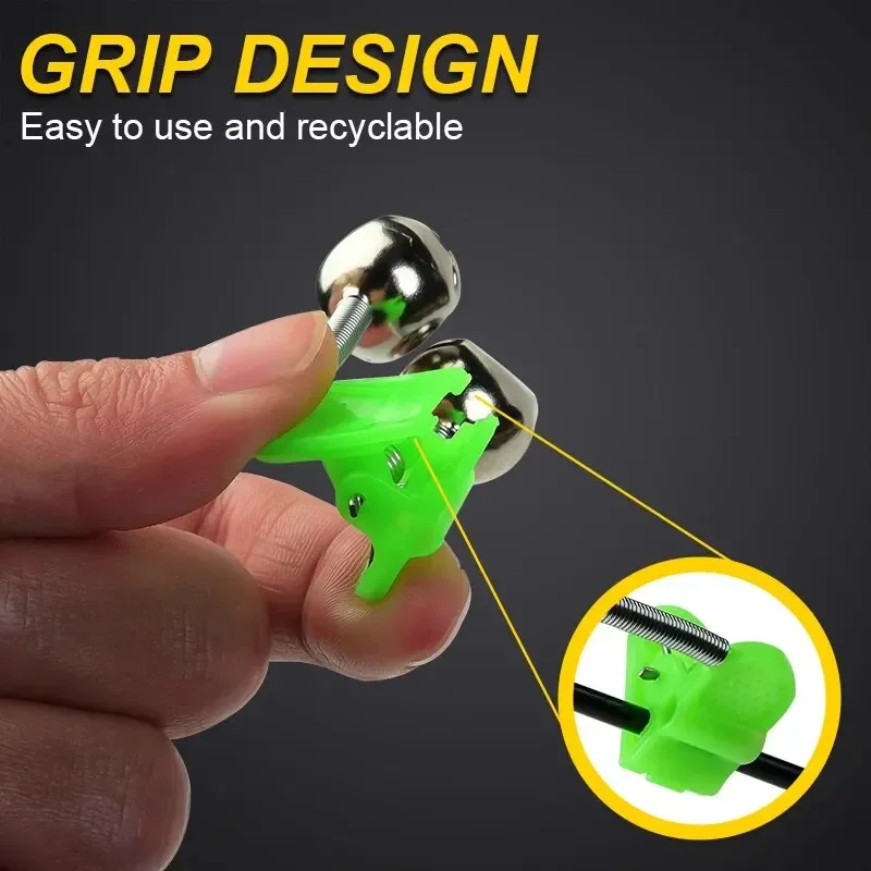 5pcs/lot Fishing Bite Alarms Fishing Rod Bell Rod Clamp Tip Clip Bells Ring Green ABS Fishing Accessory Outdoor Metal