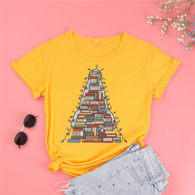 Christmas Book Tree Shirt Gift for Books Lovers Tree Teacher Short Sleeve Top Tees O Neck 100% Cotton Fashion goth Drop Shipping