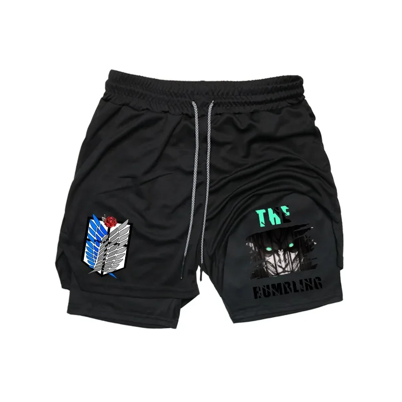 

Anime Founding Titan 2- in 1 Gym Workout Shorts for Men Quick Dry Stretchy Athletic Compression Shorts Fitness Running Jogging