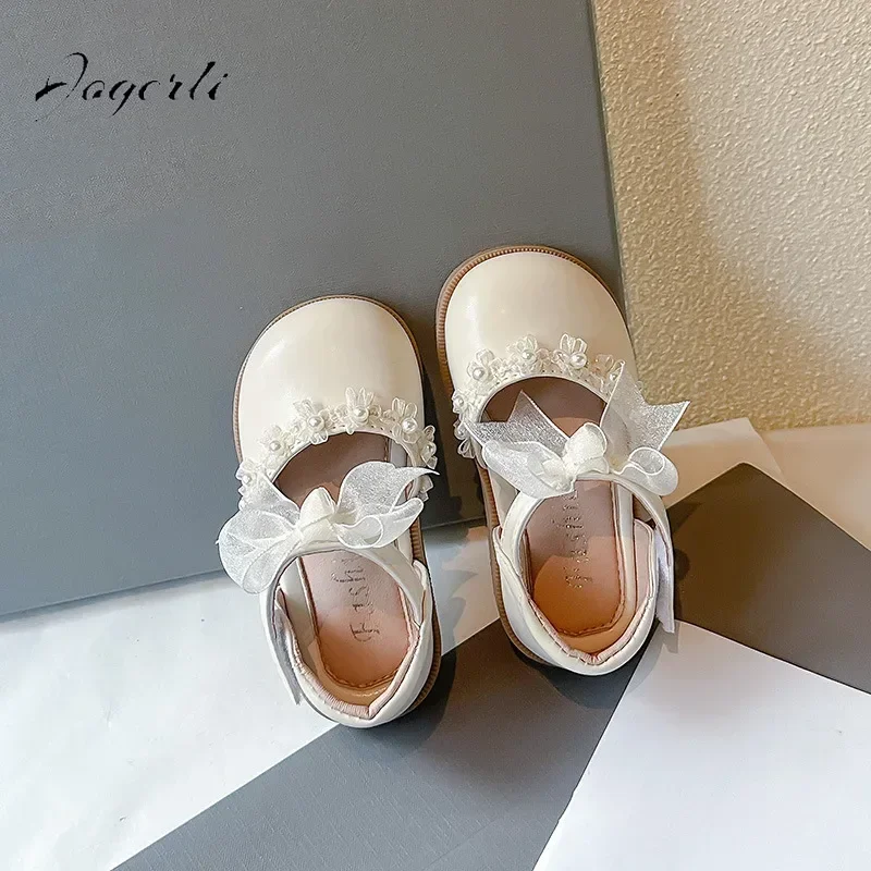 

Сандалии принцессы, весенние нескользящие туфли одноклассника с жемчужным бантом для девочек, туфли из искусственной кожи, школьные лоферы на плоской подошве, размер 21-34