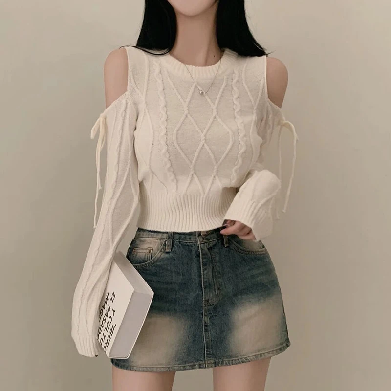 Suéter de Punto Vintage Otoñal Chic, Hombros Descubiertos, Manga Larga, Cuello Redondo, Diseño Trenzado, Ropa Casual de Moda ...