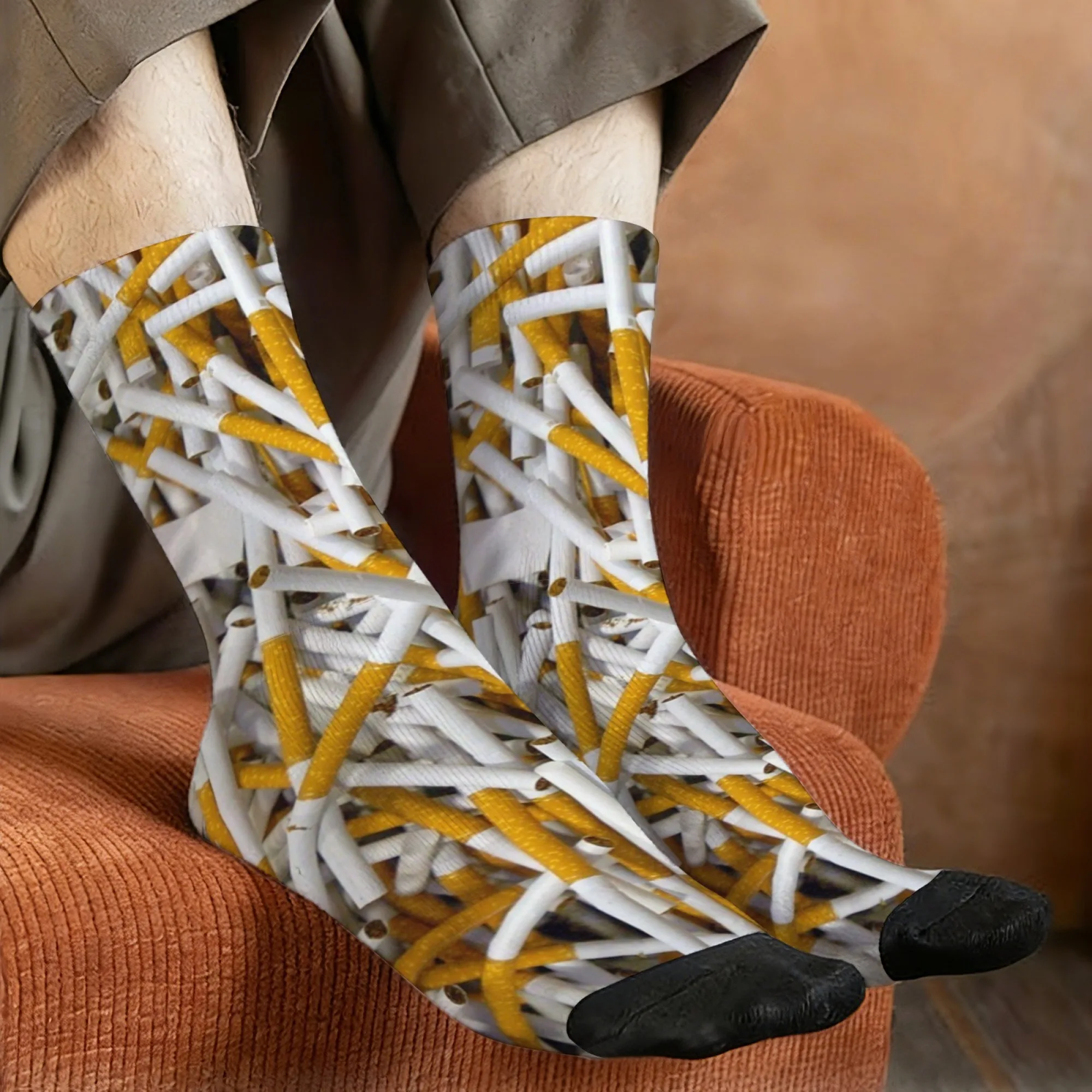 

Loose Cigarettes Sock Printed Men's Soft & Breathable Hip Hop Style Novelty Casual Crew Socks with Cigarette Print Design
