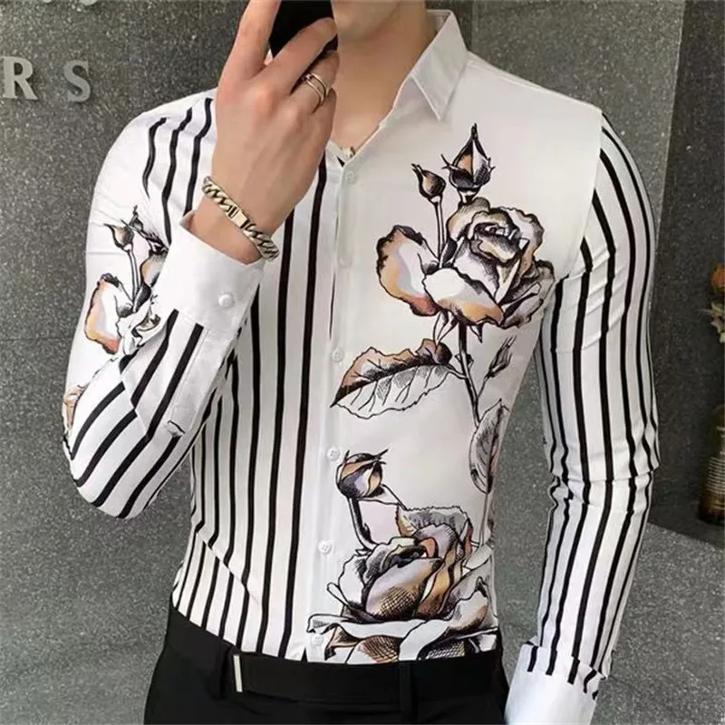 Autumn Man Vintage Printed Social Black Shirts Luxury Men's White Slim Fit Long Sleeve Dress Shirt Fashion Casual Chemise Homme