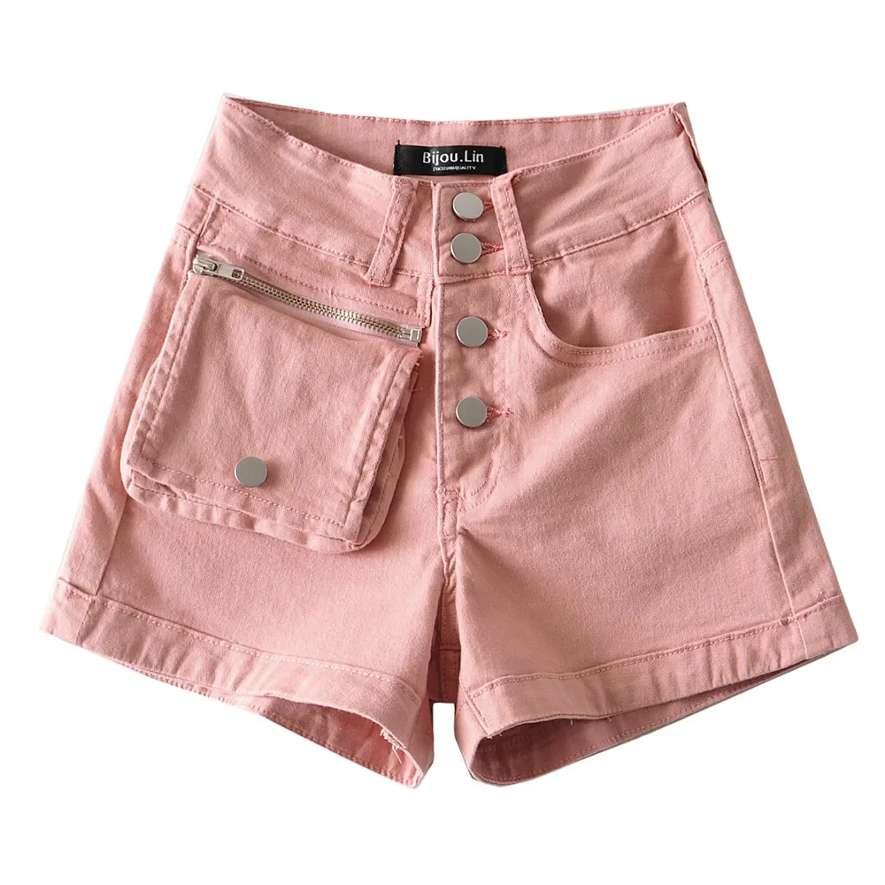 

Denim Shorts with Removable Pockets Women Chic Korean Casual Simple Harajuku Denim Short Trouser Candy-colored Short Pants