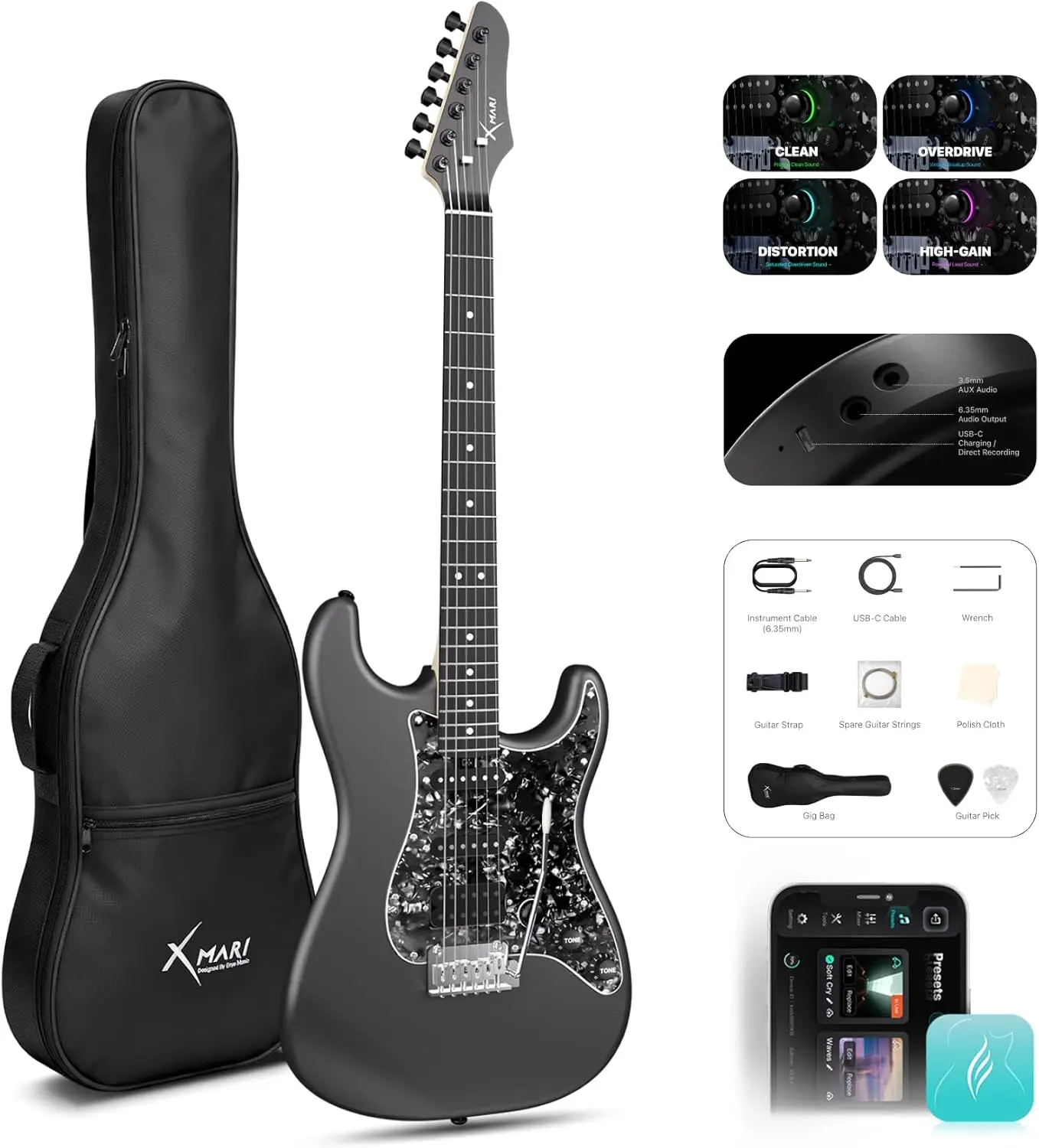 Enya XMARI Electric Guitar with DSP effects, 4 presets, USB-C recording, carbon fiber body. Full kit included.