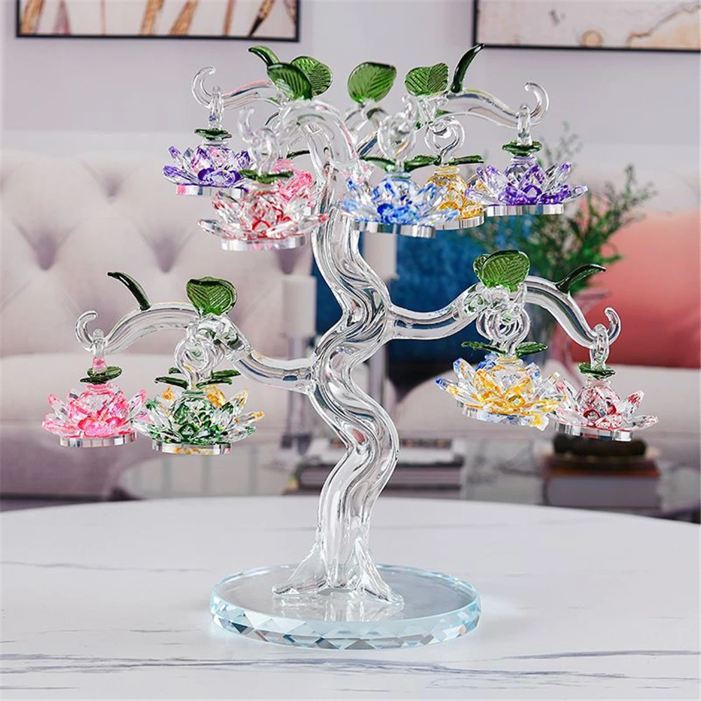 High-end Crystal Glass Lotus Tree with 6/8/10/12/18pcs Lotus Fengshui Craft Home Decor Figurines Christmas Gifts Souvenirs Decor