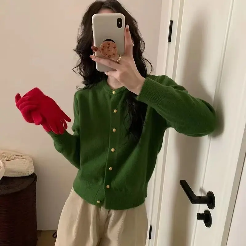 

Green Knitted Sweater Women Short Cardigan Spring Autumn Fashion O-Neck Long Sleeve Knit Tops Ladies Jumper