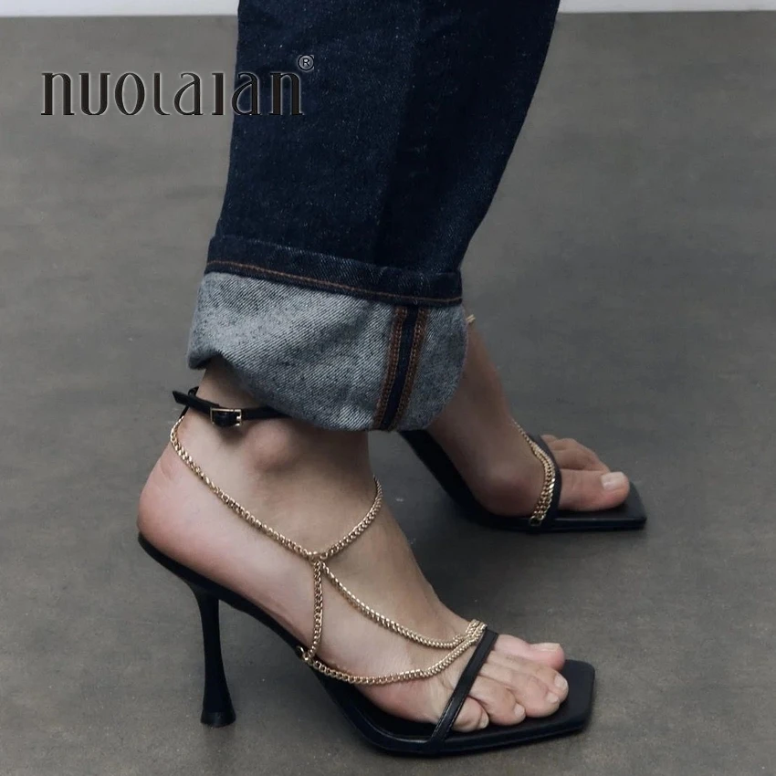 2024 Gladiator Sandals Summer High Heels Sandal Shoes Fashion Gold Chain Sexy Thin High Heel Pumps Square Toe Shoes Women