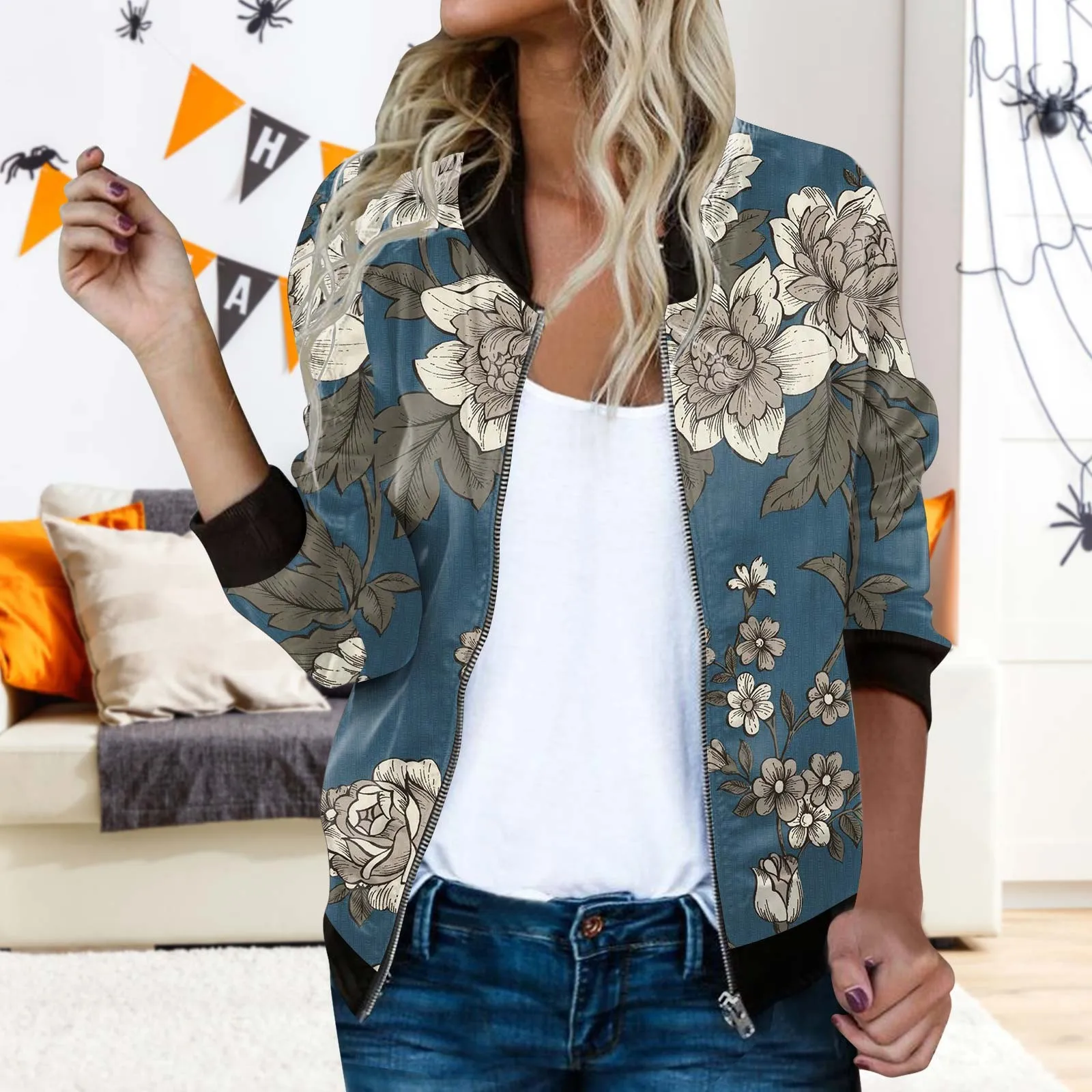 Womens Casual Daily Jackets Lightweight Zip Up Casual Jacket Flower Print Coat Stand Short Sports Womens Casual Warm Jackets