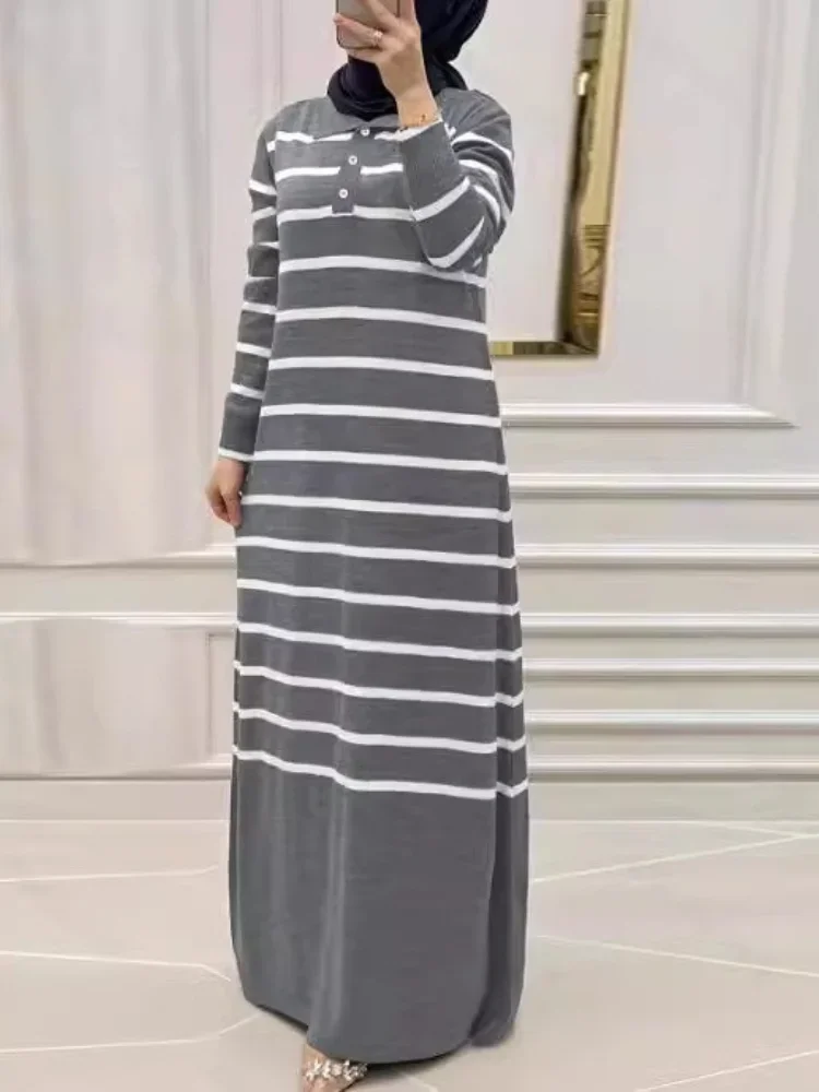 Eid Muslim Women Knit Dress Stripes Jalabiya Kaftan Islam Vestidos Long Robe Ramadan Morocco Dubai Abayas Knitting Dresses