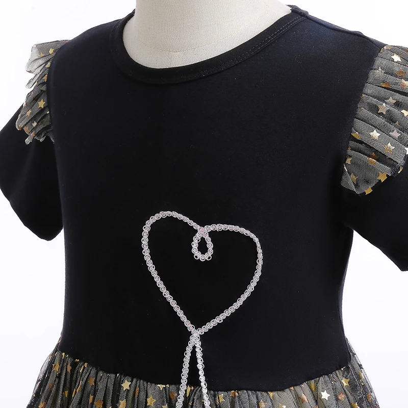 Black Party Dress For Girl Children Costume Sequin Princess Dresses Girls Clothes Birthday Wedding Gown Lace Short Sleeve 3-10Y