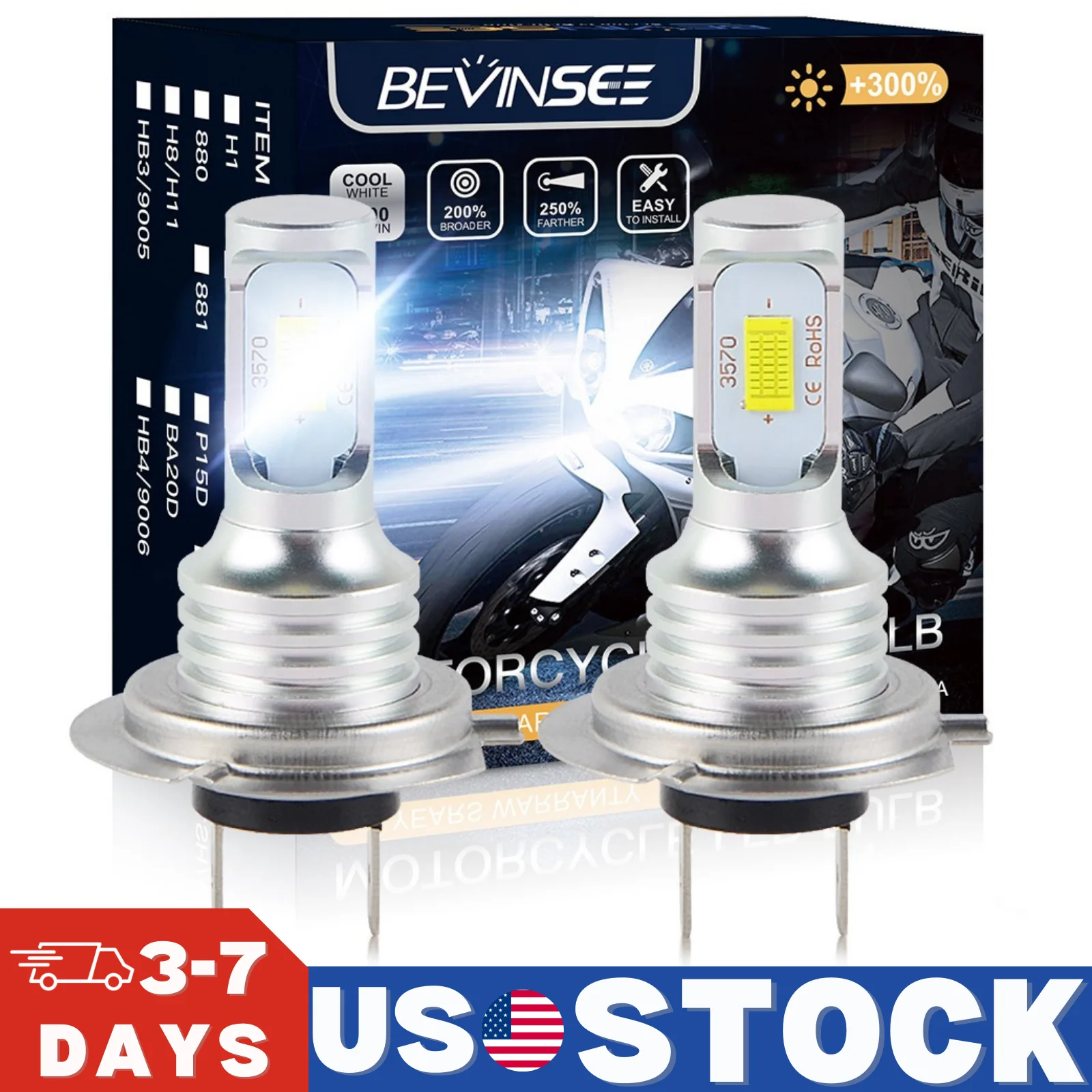 

BEVINSEE 2x H7 LED Light Bulbs For Motorcycle No Fan Halogen Size Plug&Play H7 LED Moto Headlamp Diode Lamp Auto Lampada 12V