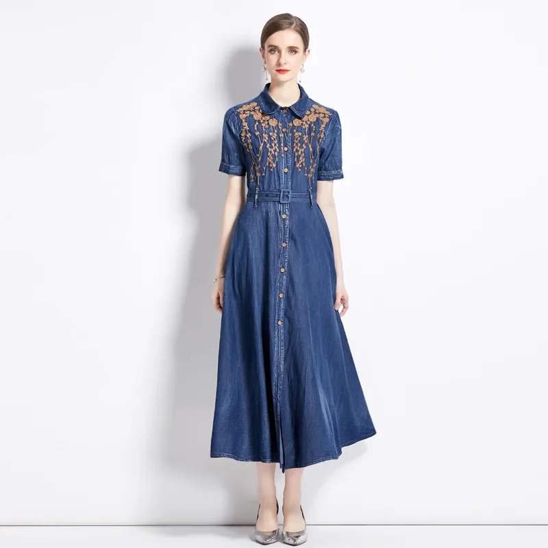 High Quality Runway Fashion Elegant Denim Embroidery Women Summer Casual A Line Dress Lace Up Single Breasted Temperment Robes