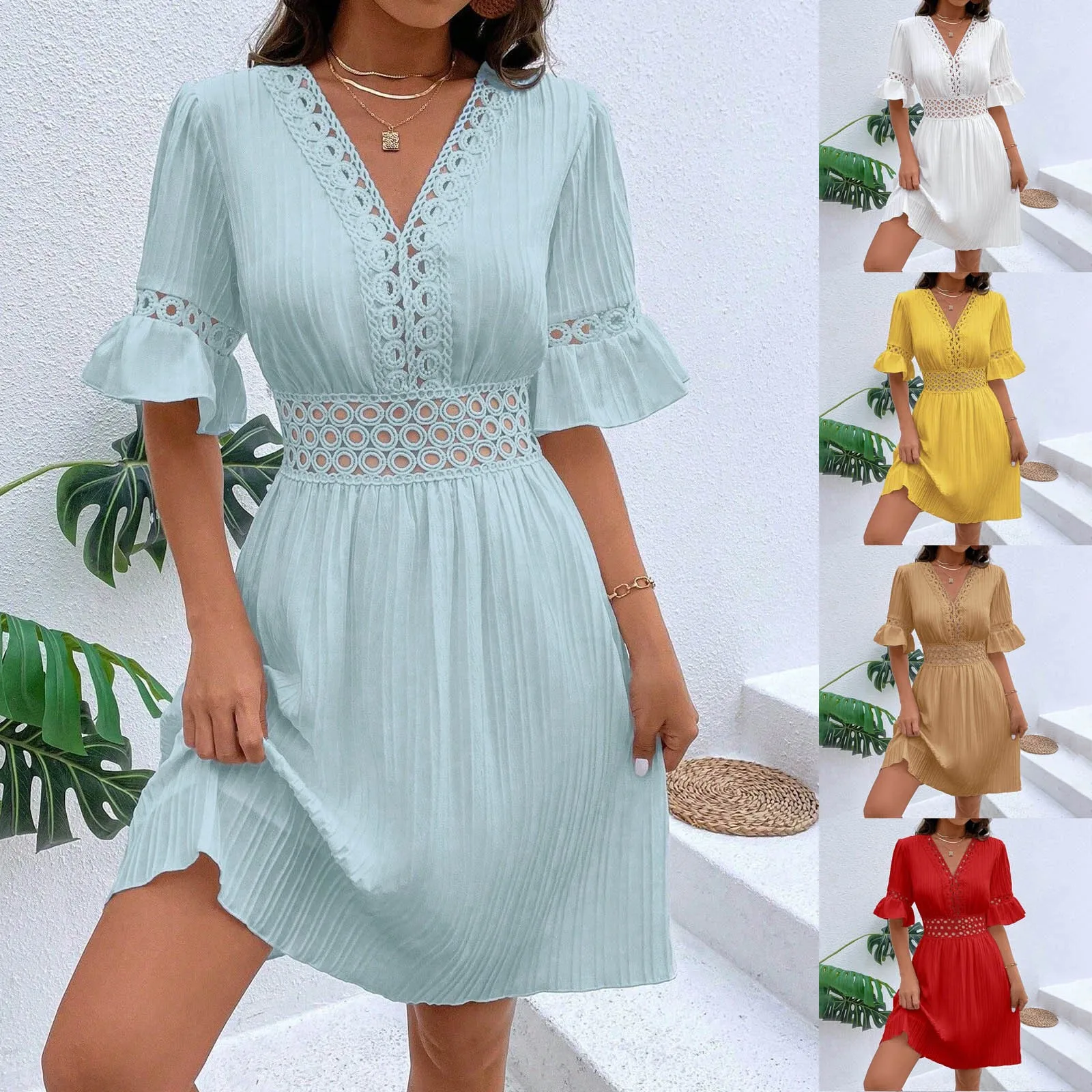 Womens Dresses Women'S Summer Short Dress V Neck Short Sleeves Folded Skirt With Empty Heart And Leaflets Vestidos Femenino