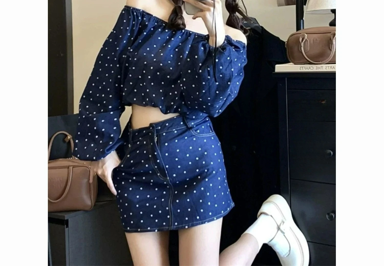 One-word Shoulder Polka Dot Suit Skirt Women's Summer 2026 New Long-sleeved Top and Hip-wrapped Skirt Two-piece Set
