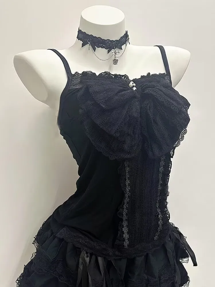 Aesthetic Gothic Lolita Black Lace 3 Piece Skirt Set Women Puff Sleeve Cardigan+Bow Cami Y2K Tops+Cake Mini Skirt Kawaii Outfit