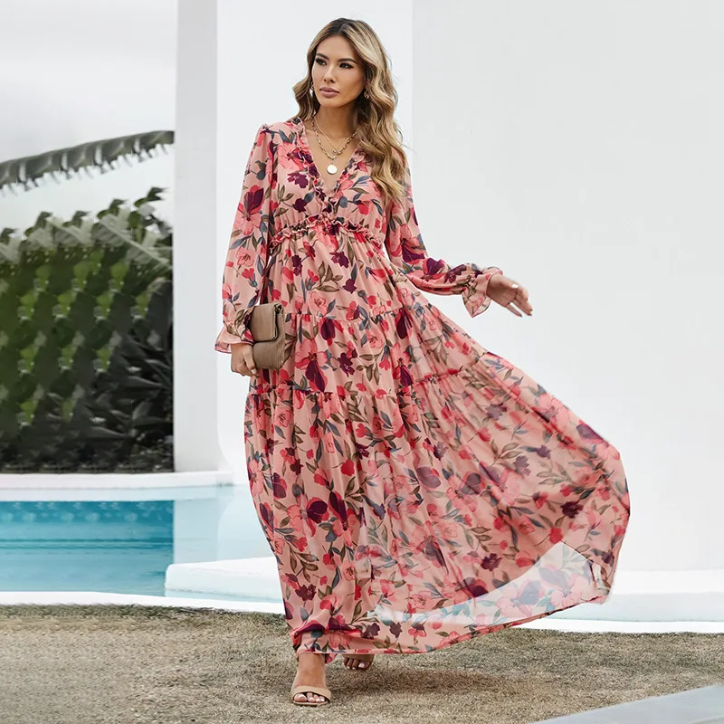 Elegante Estampa Floral Mulheres Vestido Primavera Verão Casual plissado em camadas de manga comprida Chiffon A Linha Longa Maxi Vestido Festa Vestidos