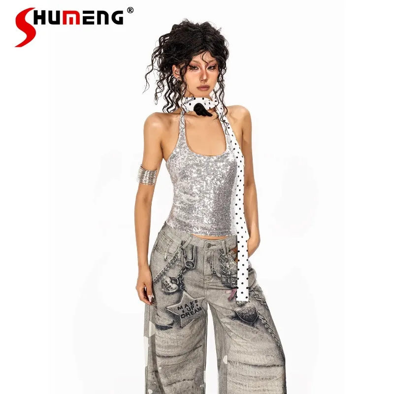 

Fashion Design Sequined Sling Vest Women's Inner With Summer Retro Jazz Soft Girls Sleeveless Neck Top Camisoles Clothes Ladies