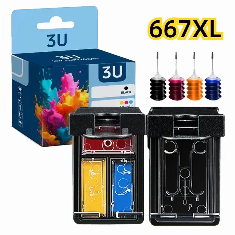 3U 667 667XL Ink Cartridge Refill Kit Compatible for HP Deskjet Advantage 1275 2374 2375 2376 2775 2776 6075 6475 6476 Printer