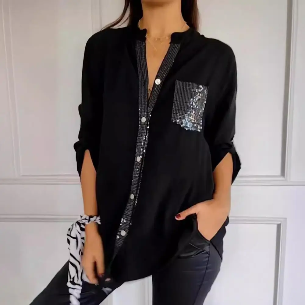 Women Shirt Stand Collar Roll-up Long Sleeve Shirt Tops Sequins Patch Pocket Single Breasted Sunscreen Shirt