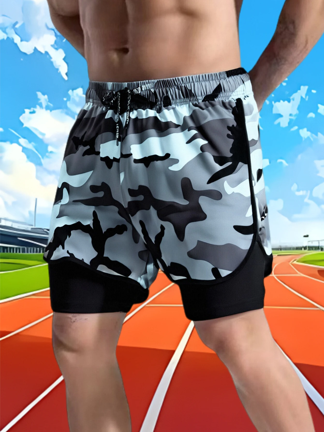 

Men's two-in-one casual sports camouflage shorts; comfortable elastic waist clothing for men; breathable running shorts
