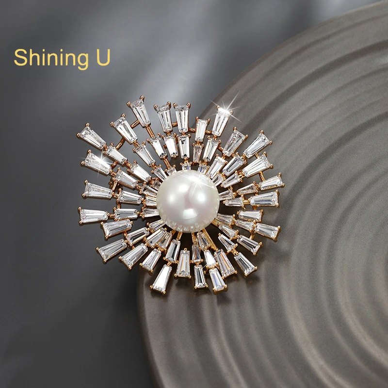 

Shining U Full Zircon Gemes Simulated Pearl Brooch for Women Fashion Accessory