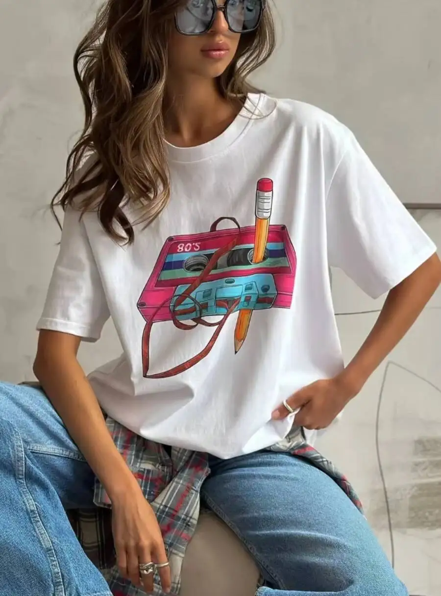 

100% Cotton Women's Fashionable Printed T-Shirt Casual Vintage Short-Sleeve Printing T Shirts Fashion Hip Hop Loose Top