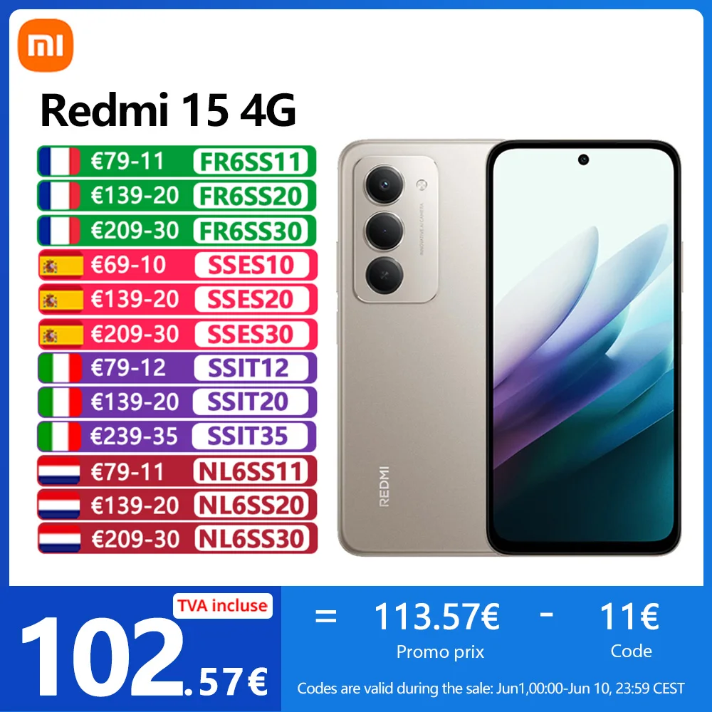 Xiaomi Redmi 15 4G, NFC, Snapdragon ®   685, écran DotDisplay 6,9 pouces FHD+, 144 Hz, appareil photo 50 MP, batterie 7000 mAh, IP64