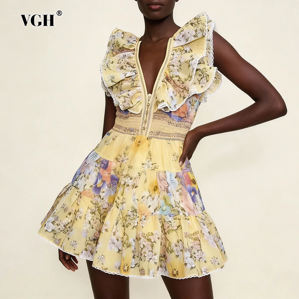 

VGH милые короткие платья для похудения с принтом для женщин, V-образный вырез, без рукавов, с высокой талией, весеннее элегантное вечернее платье, женская мода, новинка