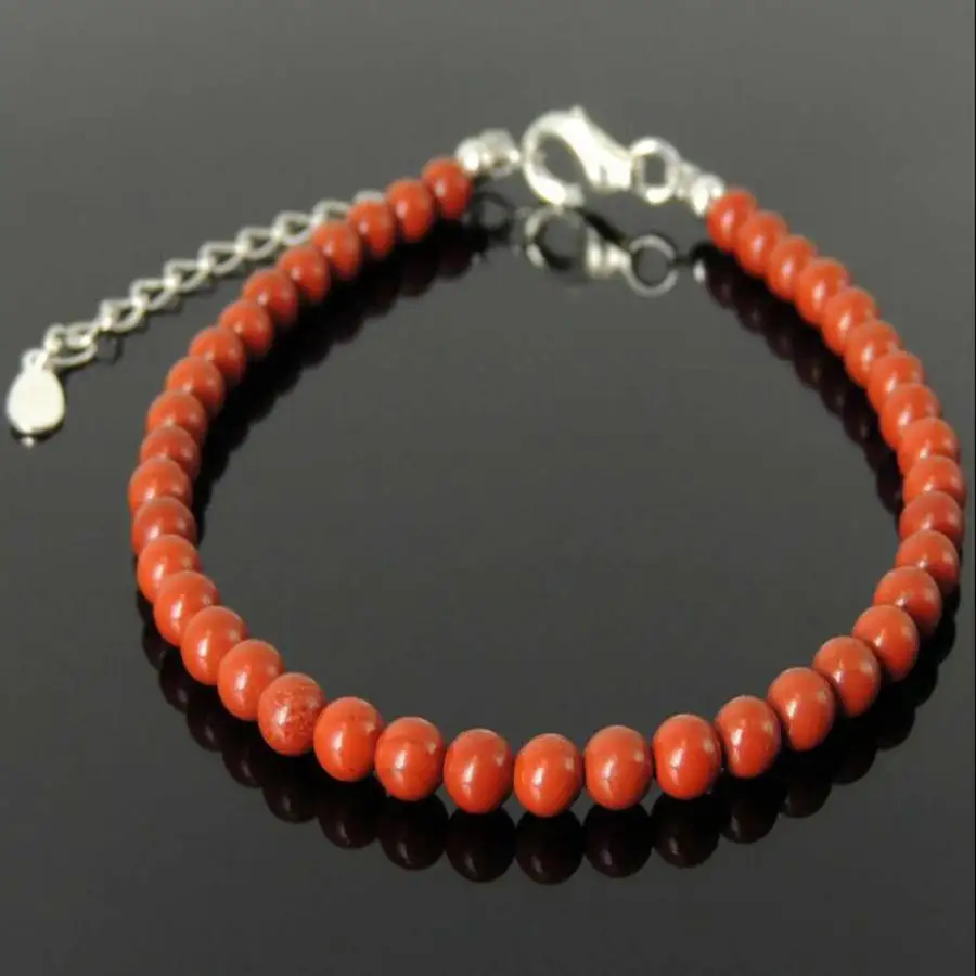 

Genuine Red Jasper Round Bead Bracelet Silver Accent Adjustable Wristband Healing Crystal Jewelry 6MM