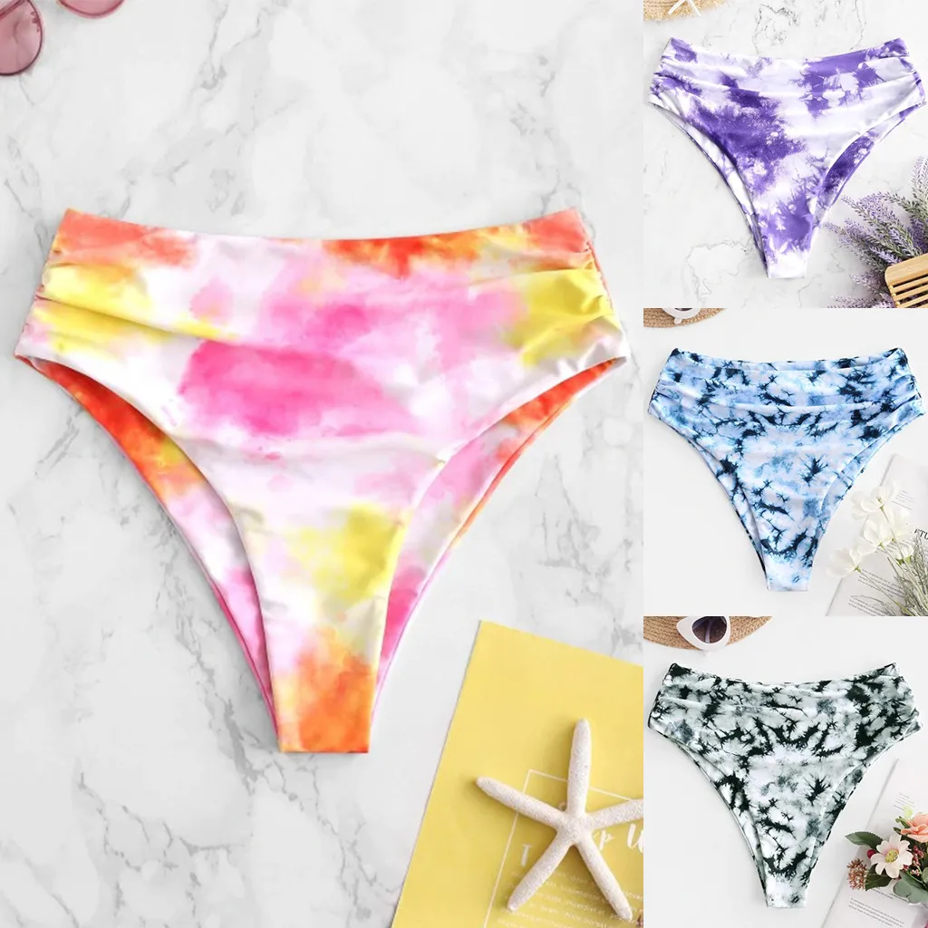 Kobiety z wysokim stanem marszczone spodnie od Bikini seksowne damskie różowe majtki kostiumowe spodnie wielokolorowe Tie-Dye Leopard kąpiące się majtki