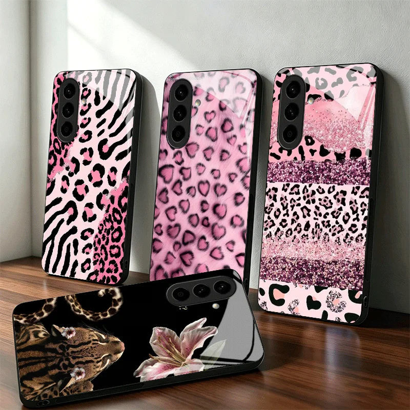 Pink Leopard Print Glass Phone Case for Samsung A17 A16 A15 A14 A13 A57 A56 A55 A54 A53 A37 A36 A35 A34 A33 A27 A26 A25 A24 A23