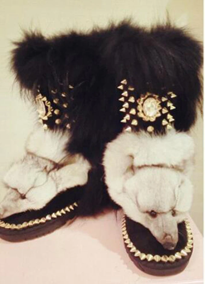 

Bling Rhinestone Rivets Studs Real Fur Fox Head Snow Boots Metal Spike Sole Woman Warm Plush Inside Winter Mid Boots