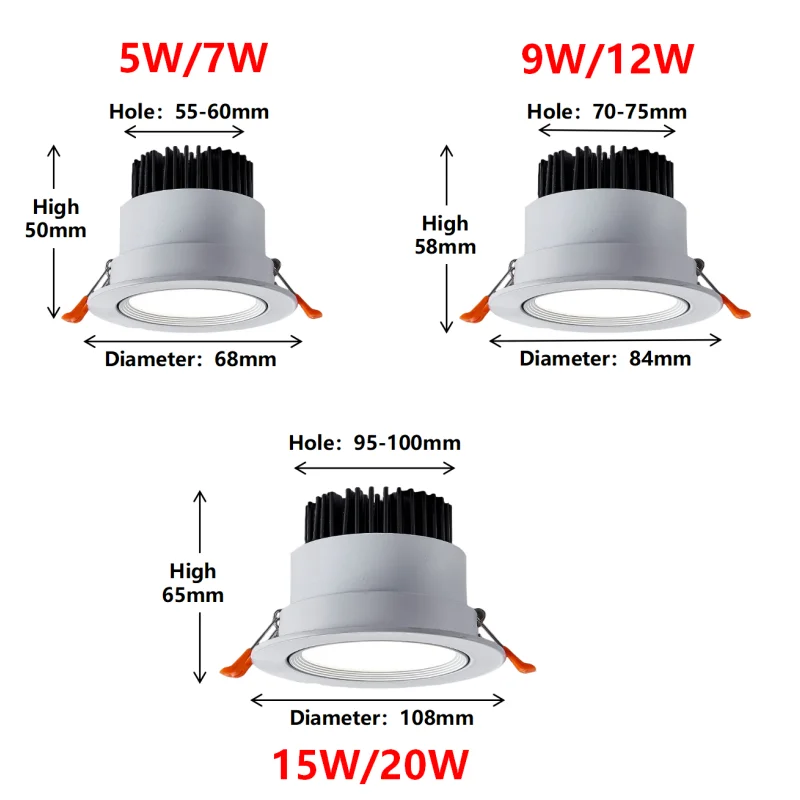 High-performance Embedded LED Downlight Angle Adjustable 5W7W9W12W15W20W COB Anti-Glare Dimmable Ceiling Light Spotlights CRI＞92