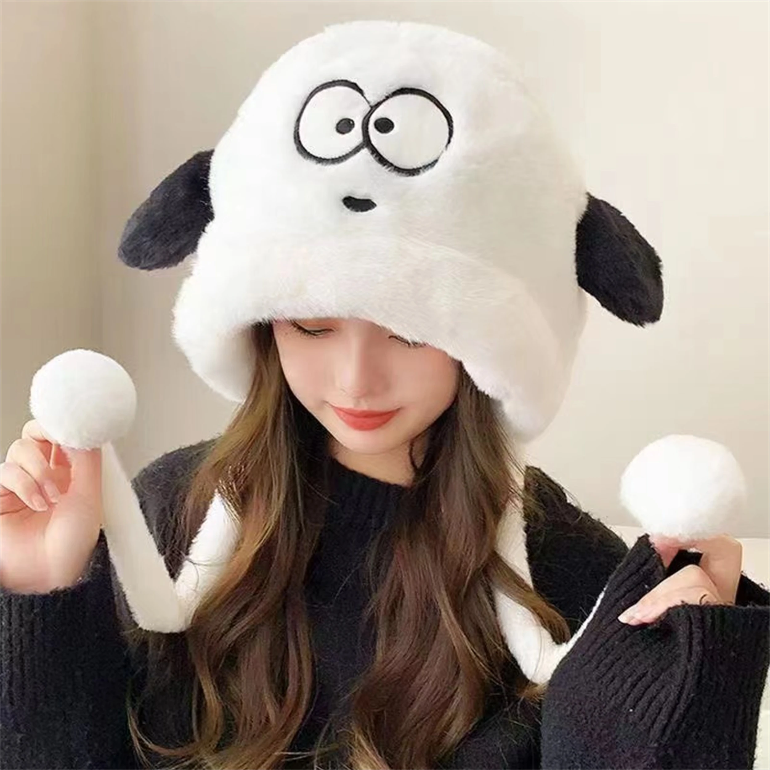 

Cute cartoon little dog plush hat, cute girl with warm ear protection, versatile autumn and winter hat, thickened scarf