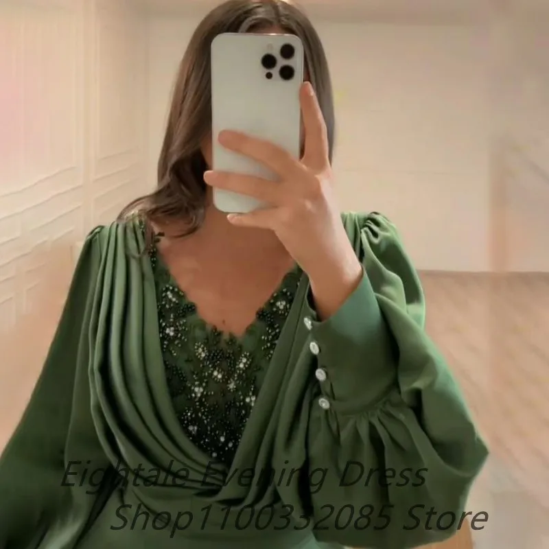 Army Green Arabic Evening Dress For Wedding Party 2022 Appliques Beads Long Puff Sleeve V Neck Prom Dress Formal Party Gown