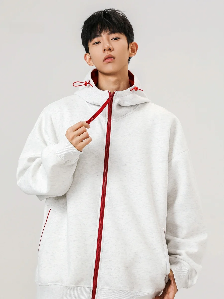 

American Sle Zipper Hooded Sweatirt Men's Autumn Winter Thiened Fce Loose Casual Hoodie Couple's Outerwear