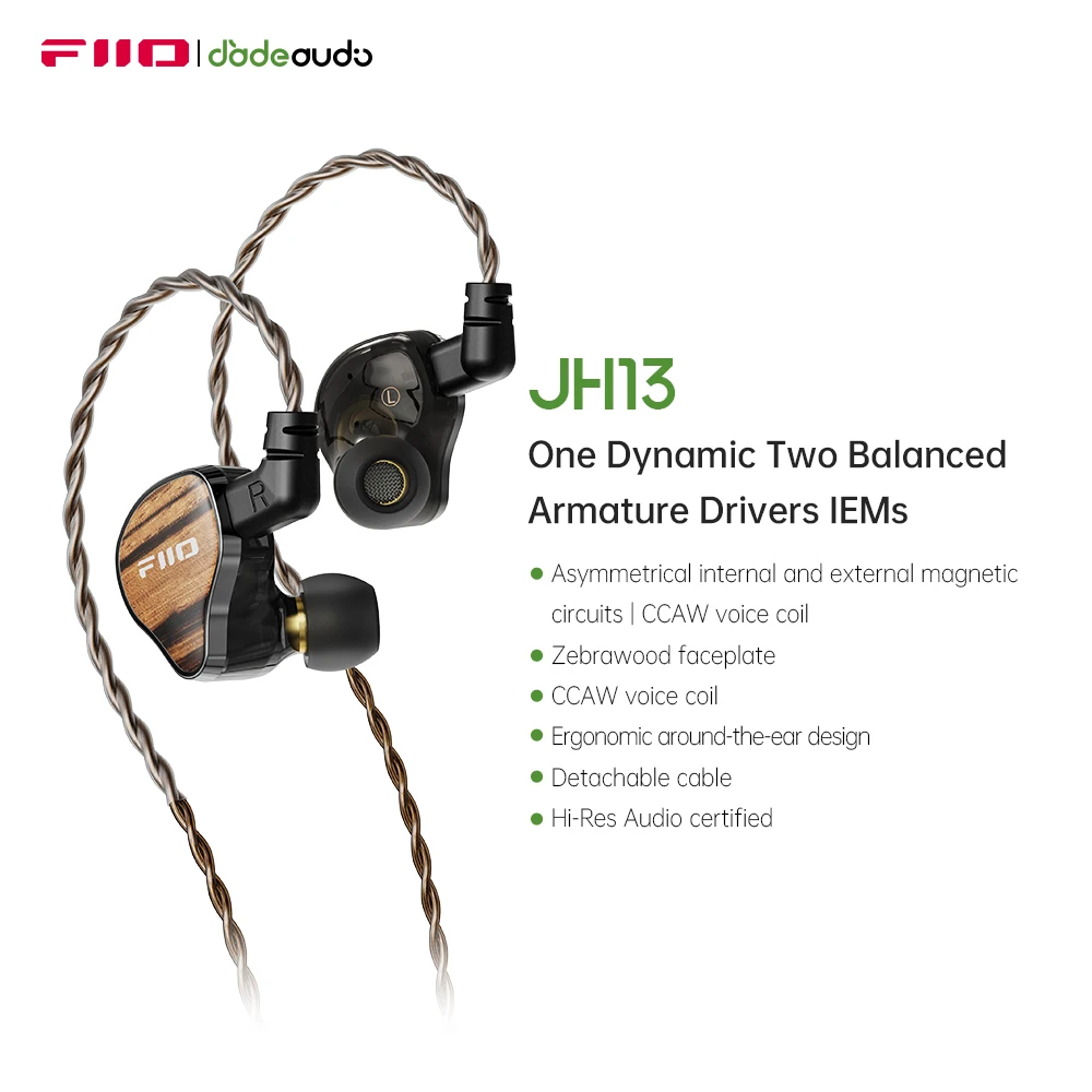 FiiO JH13 Hybrid HiFi IEMs – 1DD + 2BA Drivers, Audiophile Earphone with Wooden Faceplate & Detachable 0.78mm 2-Pin Cable