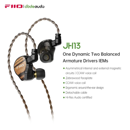 Imagen 1 del producto IEMs híbridos HiFi FiiO JH13: controladores 1DD + 2BA, auriculares para audiófilos con placa frontal de madera y cable desmontable de 2 pines de 0,78 mm