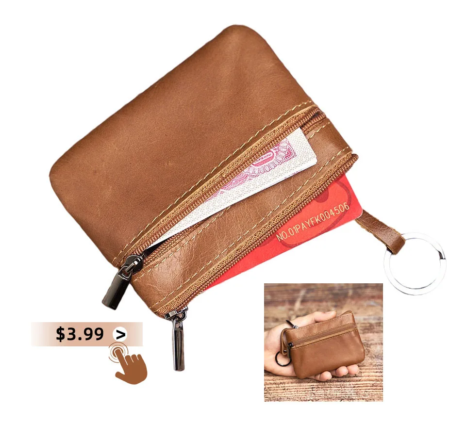 Nupugoo-Vintage kleine Geldbörse für Männer, Mini-Brieftasche, Echt ledertasche, braune lässige kleine Tasche, Reiß verschluss tasche, Schlüssel geld – Detail 3
