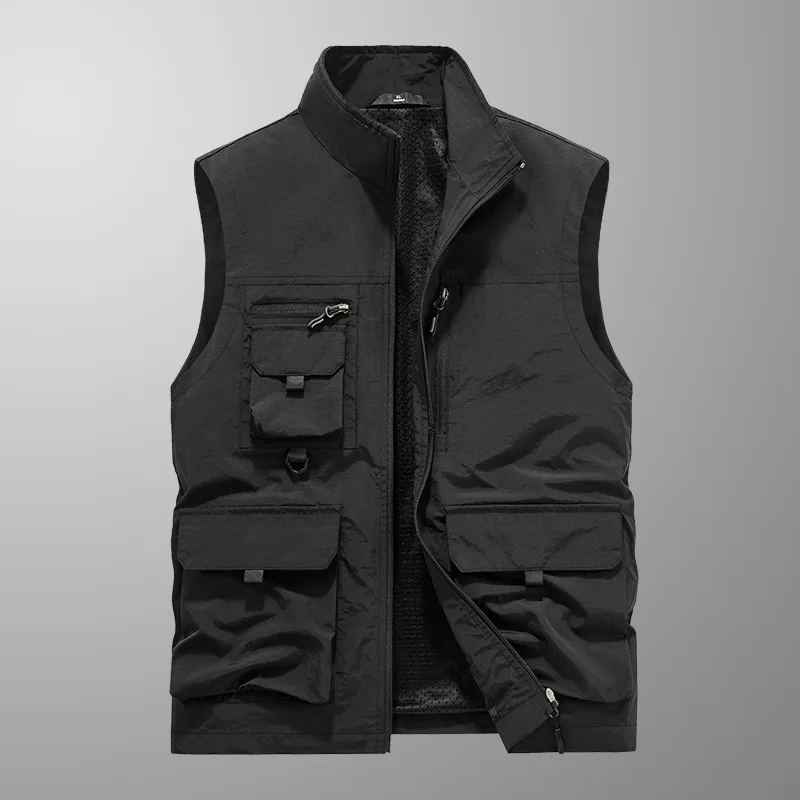 Men's Large Size Quick-Drying Vest Sleeveless Stand-Up Collar Multi-Pocket Workwear Waistcoat for Spring And Autumn