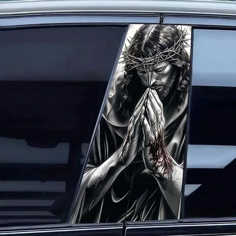 2 Stück Autoaufkleber mit Jesus-Gebetsmuster, Türsäulen-Schutzaufkleber, leicht anzubringen und abzuziehen, Sonnenschutz – Detail 1