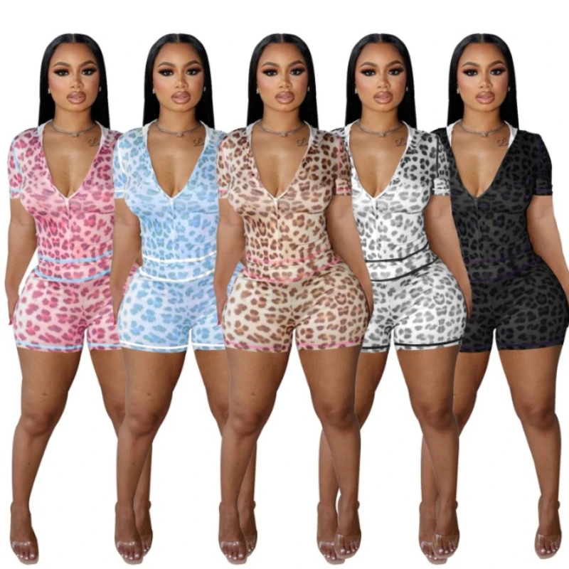 Shorts Pant Set Women Two Piece Sets Leopard Print V Neck Slim Fit Casual Tops Zipper Short Pants Sexy Y2k Streetwear 2026